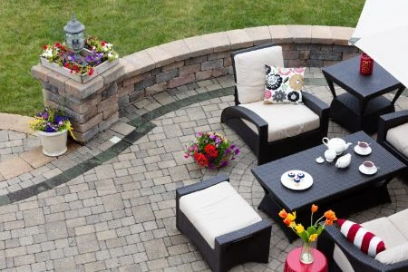 Seating wall built around an outdoor living area